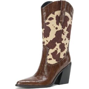Cozivwaiy Women's Western Cowboy Boots Pointed Toe Chunky Block Heel Mid Calf Boots Embossed Animal Print Fashion Boots in Saudi Arabia