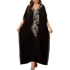 Women Embroidery V Neck Kaftan Casual Beach Wear Cover Up Side Split Long Dress in Saudi Arabia