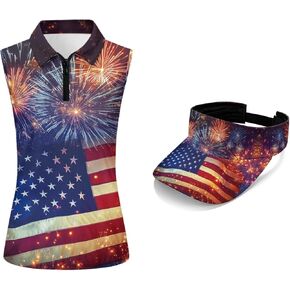 POLERO American Flag Womens Golf Shirt and Visor Hat Sleeveless Tennis Shirts Moisture Wicking Outfits in Saudi Arabia