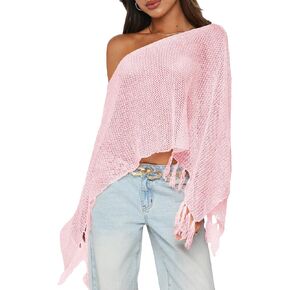 Womens Summer Fringe Sheer Knit Poncho Crochet Beach Cover Up Asymmetric One Shoulder Vacation Outfits in Saudi Arabia