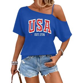 Off Shoulder 4th of July T Shirt Women American Flag Shirts USA Print T-Shirt Patriotic Tops Casual Summer Tees in Saudi Arabia
