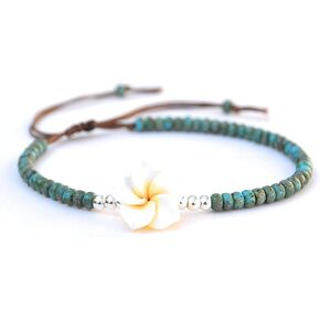 Boho Beaded Anklet for Women, Unique Bohemian Turquoise and Sterling Silver Beaded Anklet with Hawaii Hawaiian Plumeria Flower, Handmade by Tribes (Turquoise) in Saudi Arabia