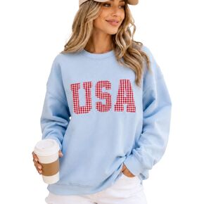 USA Sweatshirt Women Light Blue Red Gingham Patriotic Crewneck, Cute 4th of July Outfit, Memorial Day Summer Pullover in Saudi Arabia