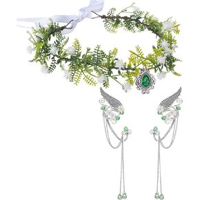Fairy Elf Ears Cuffs Costume Set, Halloween Elves Cosplay Set with Fairy Flower Crown Headpiece, Leaf Elves Wings Ear Cuff for Renaissance Costume Medieval Tiara, Silver in Saudi Arabia