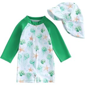 Infant Baby Girls Boys Swimsuit Zipper Rash Guard Toddler One Piece Swimwear Newborn Bathing Suit with Hat in Saudi Arabia