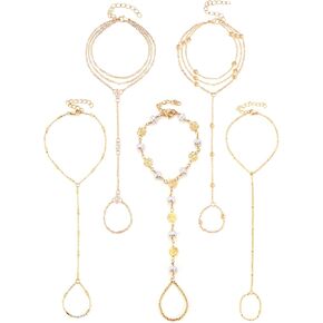 ILGANT 5PCS Gold Hand Chain Bracelets Set 14K Gold Plated Dainty Adjustable Ring Bracelet Hand Chain Trendy Bracelet Stack Jewelry in Saudi Arabia