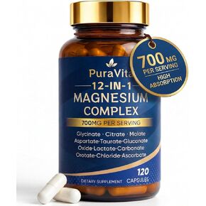 Puravita 12 in 1 Magnesium, Magnesium Complex for Women Men, 700mg High Absorption, Glycinate, Citrate, Malate, Oxide, Taurat, Relaxation & Energy Support, Vegan 120 Capsules (A) in Saudi Arabia