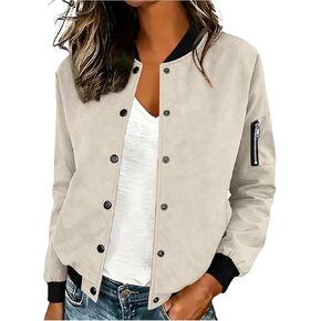 Bomber Jacket Women Faux Suede Button Front Cropped Jackets Ribbed Trim Long Sleeve Lined Coat Casual Fall Outerwear in Saudi Arabia