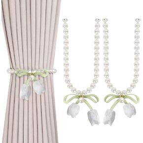 Meplait 2 Pack Magnetic Curtain Tiebacks, Curtain Holdbacks with Tulip Flower & Pearl Adjustable No Drill Curtain Tie Backs for Living Room Bedroom Baby Nursery Home Decor (White) in Saudi Arabia