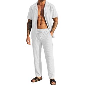 Men's 2 Piece Pleated Textured Outfit Summer Casual Short Sleeve Button Down Shirt And Pants Matching Sets in Saudi Arabia