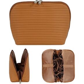 Travel Makeup Bag for Women, Waterproof Stand Up Cosmetic Bag with Brush Holders, Organizer Bag with Compartments, Fold-Down Design for Skincare, Toiletries & Essentials (Camel, Medium) in Saudi Arabia