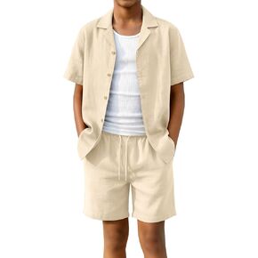 Boys 2 Piece Set 5-14y Summer Beach Outfits Linen Short Sleeve T-shirt Elastic Drawstring Casual Short with Pockets in Kuwait