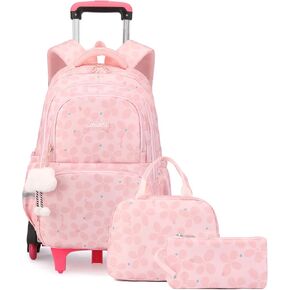 Bansusu 3Pcs Kids Rolling Backpack for Girls with Lunch Bag, Lucky Leaf School Bag Girls Roller Backpack with 6 Wheels, Pink in Saudi Arabia