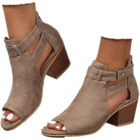 Womens Peep Toe Ankle Booties Summer Cutout Back Zipper Walking Chunky Heels Sandals Suede Side Ankle Strap Heeled Dress Sandals in Saudi Arabia