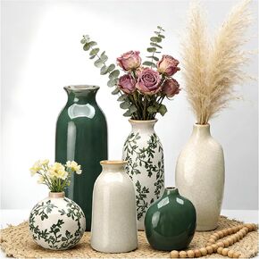 Ceramic Vase Set of 6，Flower Vases for Bouquet，Small Vases for Pampas Grass Dried Flowers，Vintage Vase for Centerpieces，Chinoiserie Decor，Shelf Decor, Table, Living Room Bedroom- Green and Beige in Saudi Arabia