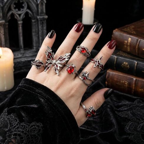 8 Pcs Gothic Rings for Women Men Polished Red Crystal Adjustable Ring Set Punk Cross Butterfly Liquid Style Grunge Open Spider Y2K Vampire Jewelry in Saudi Arabia
