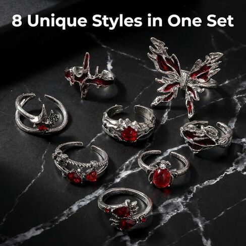 8 Pcs Gothic Rings for Women Men Polished Red Crystal Adjustable Ring Set Punk Cross Butterfly Liquid Style Grunge Open Spider Y2K Vampire Jewelry in Saudi Arabia