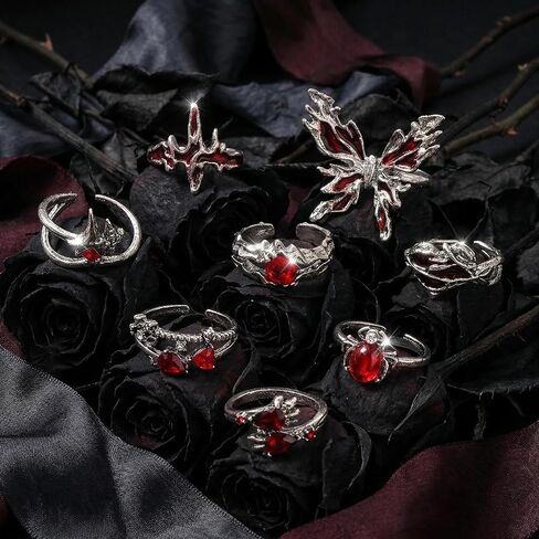 8 Pcs Gothic Rings for Women Men Polished Red Crystal Adjustable Ring Set Punk Cross Butterfly Liquid Style Grunge Open Spider Y2K Vampire Jewelry in Saudi Arabia