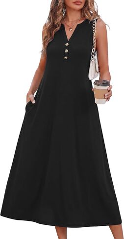 OFEEFAN Summer Dresses for Women Sleeveless Casual Midi Dress Button Front Beach Vacation Sundresses with Pockets in Saudi Arabia
