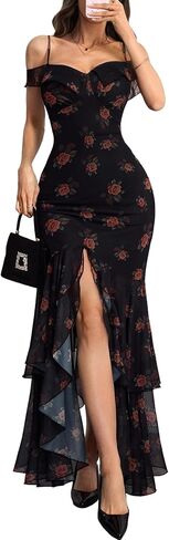 GothDark Womens Maxi Dress Spaghetti Strap Sweetheart Neck Mesh Ruffled Front High Slit Romantic Wedding Guest Party Outfit in Saudi Arabia