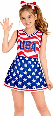 Women USA Cheerleader Costume World Cup Outfit Onesie Romper With American Flag Skirt For Game Day in Saudi Arabia