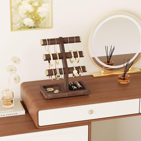 SRIWATANA 1 Bracelet Holder, Jewelry Display Stand Birthday Mother's Day Christmas Wood Solid Wood Classic Design Non-Slip Pad Metal End Cap Keeps Jewelry Secure T-Bar Organizer for Bracelets - Walnut in Saudi Arabia