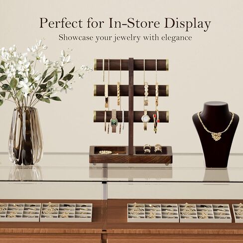 SRIWATANA 1 Bracelet Holder, Jewelry Display Stand Birthday Mother's Day Christmas Wood Solid Wood Classic Design Non-Slip Pad Metal End Cap Keeps Jewelry Secure T-Bar Organizer for Bracelets - Walnut in Saudi Arabia