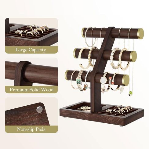 SRIWATANA 1 Bracelet Holder, Jewelry Display Stand Birthday Mother's Day Christmas Wood Solid Wood Classic Design Non-Slip Pad Metal End Cap Keeps Jewelry Secure T-Bar Organizer for Bracelets - Walnut in Saudi Arabia