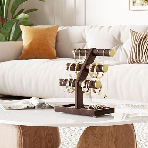 SRIWATANA 1 Bracelet Holder, Jewelry Display Stand Birthday Mother's Day Christmas Wood Solid Wood Classic Design Non-Slip Pad Metal End Cap Keeps Jewelry Secure T-Bar Organizer for Bracelets - Walnut in Saudi Arabia