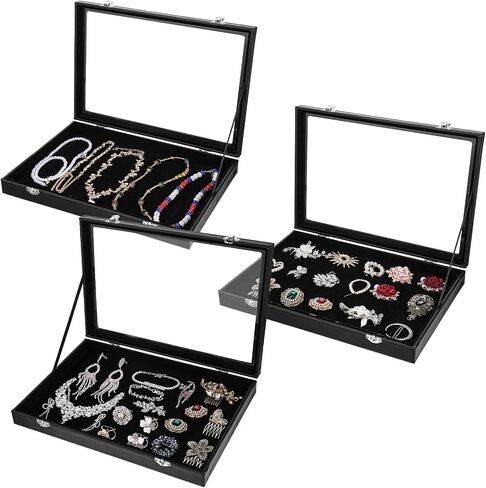 3 Pieces Jewelry Organizer Box, Black Velvet Blank Display Tray Case with Lid, 13.8 x 9.5 x 2 Inch Wooden Jewelry Display Case for Necklaces, Rings & Collectibles in Saudi Arabia