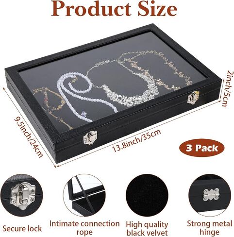 3 Pieces Jewelry Organizer Box, Black Velvet Blank Display Tray Case with Lid, 13.8 x 9.5 x 2 Inch Wooden Jewelry Display Case for Necklaces, Rings & Collectibles in Saudi Arabia