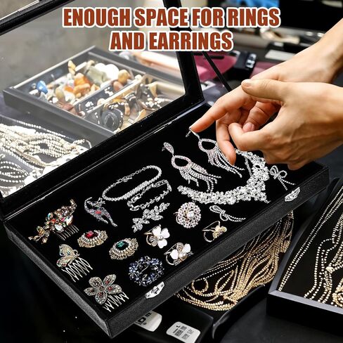 3 Pieces Jewelry Organizer Box, Black Velvet Blank Display Tray Case with Lid, 13.8 x 9.5 x 2 Inch Wooden Jewelry Display Case for Necklaces, Rings & Collectibles in Saudi Arabia
