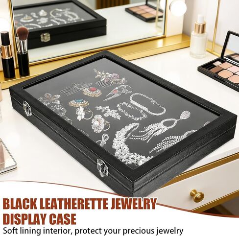3 Pieces Jewelry Organizer Box, Black Velvet Blank Display Tray Case with Lid, 13.8 x 9.5 x 2 Inch Wooden Jewelry Display Case for Necklaces, Rings & Collectibles in Saudi Arabia