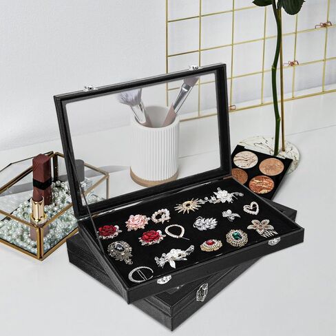 3 Pieces Jewelry Organizer Box, Black Velvet Blank Display Tray Case with Lid, 13.8 x 9.5 x 2 Inch Wooden Jewelry Display Case for Necklaces, Rings & Collectibles in Saudi Arabia