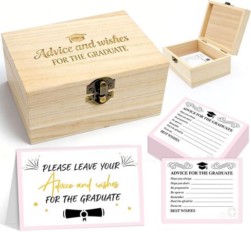 52 Pcs Pink Graduation Wish Card Wooden Box Set, Graduation Memory Keepsake Box with 50 Wish Cards for High School College Graduation Party Decor, Gift for Graduates in Saudi Arabia