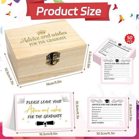 52 Pcs Pink Graduation Wish Card Wooden Box Set, Graduation Memory Keepsake Box with 50 Wish Cards for High School College Graduation Party Decor, Gift for Graduates in Saudi Arabia