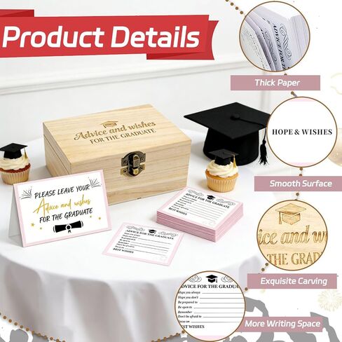 52 Pcs Pink Graduation Wish Card Wooden Box Set, Graduation Memory Keepsake Box with 50 Wish Cards for High School College Graduation Party Decor, Gift for Graduates in Saudi Arabia