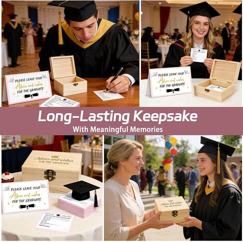 52 Pcs Pink Graduation Wish Card Wooden Box Set, Graduation Memory Keepsake Box with 50 Wish Cards for High School College Graduation Party Decor, Gift for Graduates in Saudi Arabia