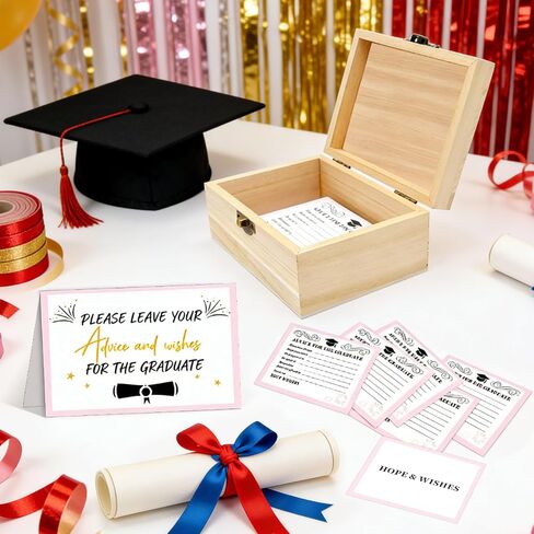 52 Pcs Pink Graduation Wish Card Wooden Box Set, Graduation Memory Keepsake Box with 50 Wish Cards for High School College Graduation Party Decor, Gift for Graduates in Saudi Arabia