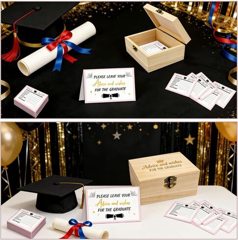 52 Pcs Pink Graduation Wish Card Wooden Box Set, Graduation Memory Keepsake Box with 50 Wish Cards for High School College Graduation Party Decor, Gift for Graduates in Saudi Arabia