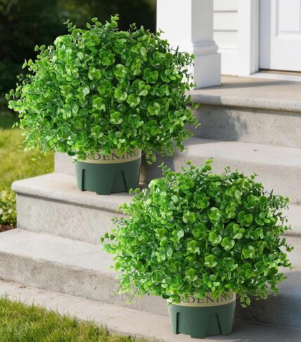 florisso 2 Pack Artificial Boxwood Topiary Trees, UV-Resistant Faux Realistic Greenery Potted Bushes with Pots for Front Door, Porch, Farmhouse, Garden Decor in Saudi Arabia