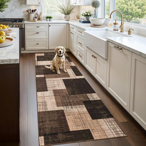 Washable 2x6 Runner Rug for Hallway Kitchen Bedroom, Modern Geometric Patchwork Grid Print Non Slip Carpet, Soft Stain Resistant Long Runner with Rubber Backing, Chocolate in Kuwait