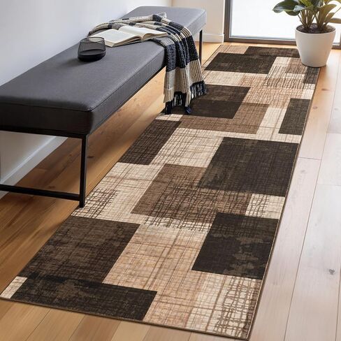 Washable 2x6 Runner Rug for Hallway Kitchen Bedroom, Modern Geometric Patchwork Grid Print Non Slip Carpet, Soft Stain Resistant Long Runner with Rubber Backing, Chocolate in Kuwait