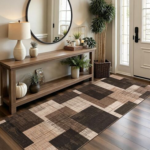 Washable 2x6 Runner Rug for Hallway Kitchen Bedroom, Modern Geometric Patchwork Grid Print Non Slip Carpet, Soft Stain Resistant Long Runner with Rubber Backing, Chocolate in Kuwait
