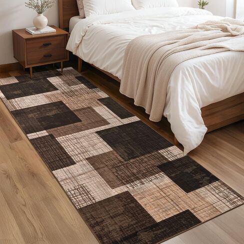 Washable 2x6 Runner Rug for Hallway Kitchen Bedroom, Modern Geometric Patchwork Grid Print Non Slip Carpet, Soft Stain Resistant Long Runner with Rubber Backing, Chocolate in Kuwait
