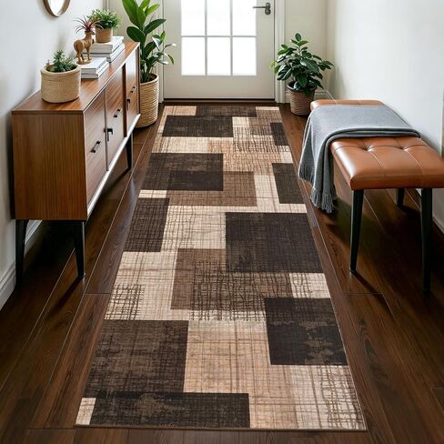 Washable 2x6 Runner Rug for Hallway Kitchen Bedroom, Modern Geometric Patchwork Grid Print Non Slip Carpet, Soft Stain Resistant Long Runner with Rubber Backing, Chocolate in Kuwait