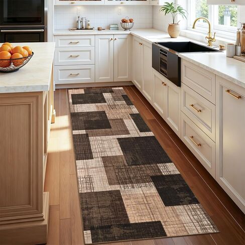 Washable 2x6 Runner Rug for Hallway Kitchen Bedroom, Modern Geometric Patchwork Grid Print Non Slip Carpet, Soft Stain Resistant Long Runner with Rubber Backing, Chocolate in Kuwait