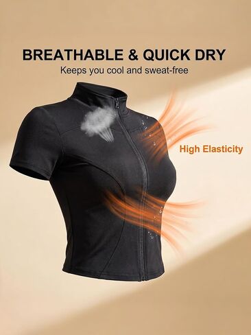 Women's Short Sleeve Workout, Full Zip Slim Fit Athletic Yoga Tops, Lightweight Quick Dry Running Sports Shirt. in Kuwait
