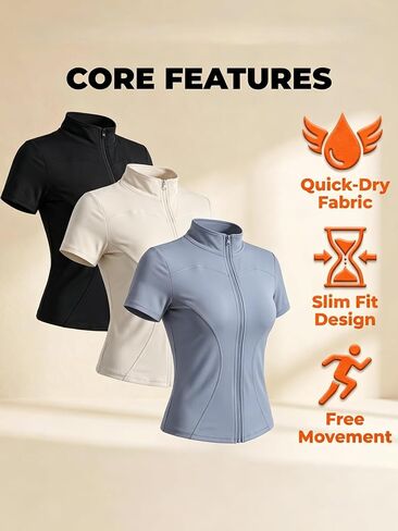 Women's Short Sleeve Workout, Full Zip Slim Fit Athletic Yoga Tops, Lightweight Quick Dry Running Sports Shirt. in Kuwait