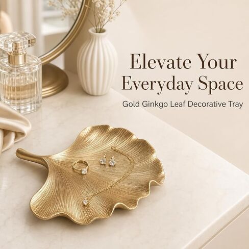 Jewelry Tray Trinket Dish, Decorative Ginkgo Vanity Key Tray for Women, Ring Holder Dish, Cute Jewelry Plate Bowl Room Decor Aesthetic, Gold, Large in Kuwait